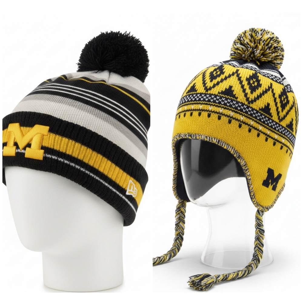 MI Wolverine Beanie Bundle New Era Striped Knit & Adidas Fleece Earflap Hat NCAA